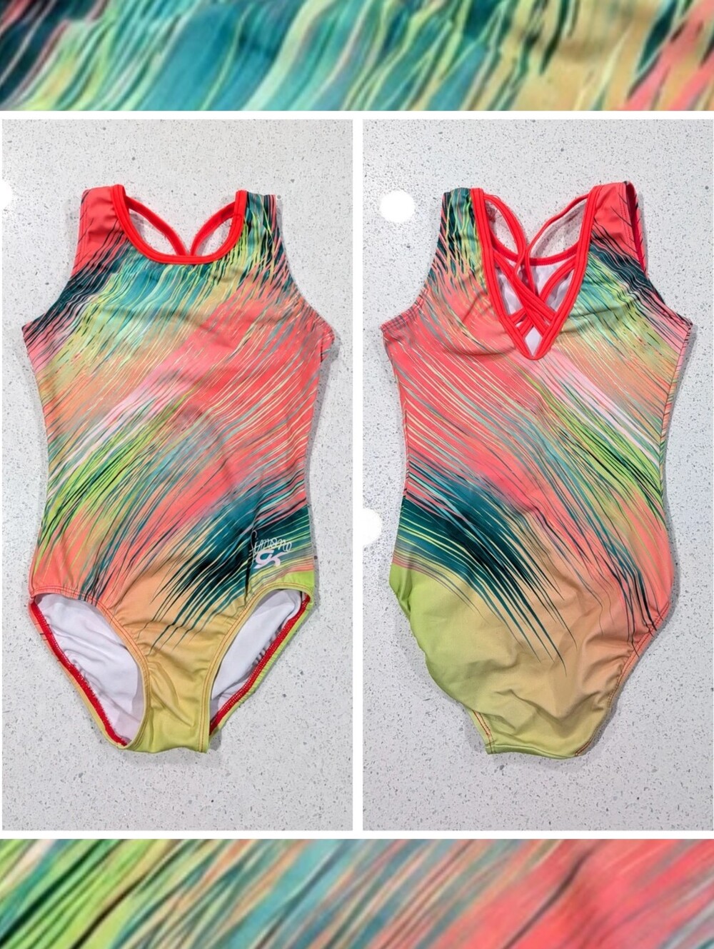 GK Elite Child Large SIMONE BILES Gymnastics Dance Leotard WATERCOLOR Feathered